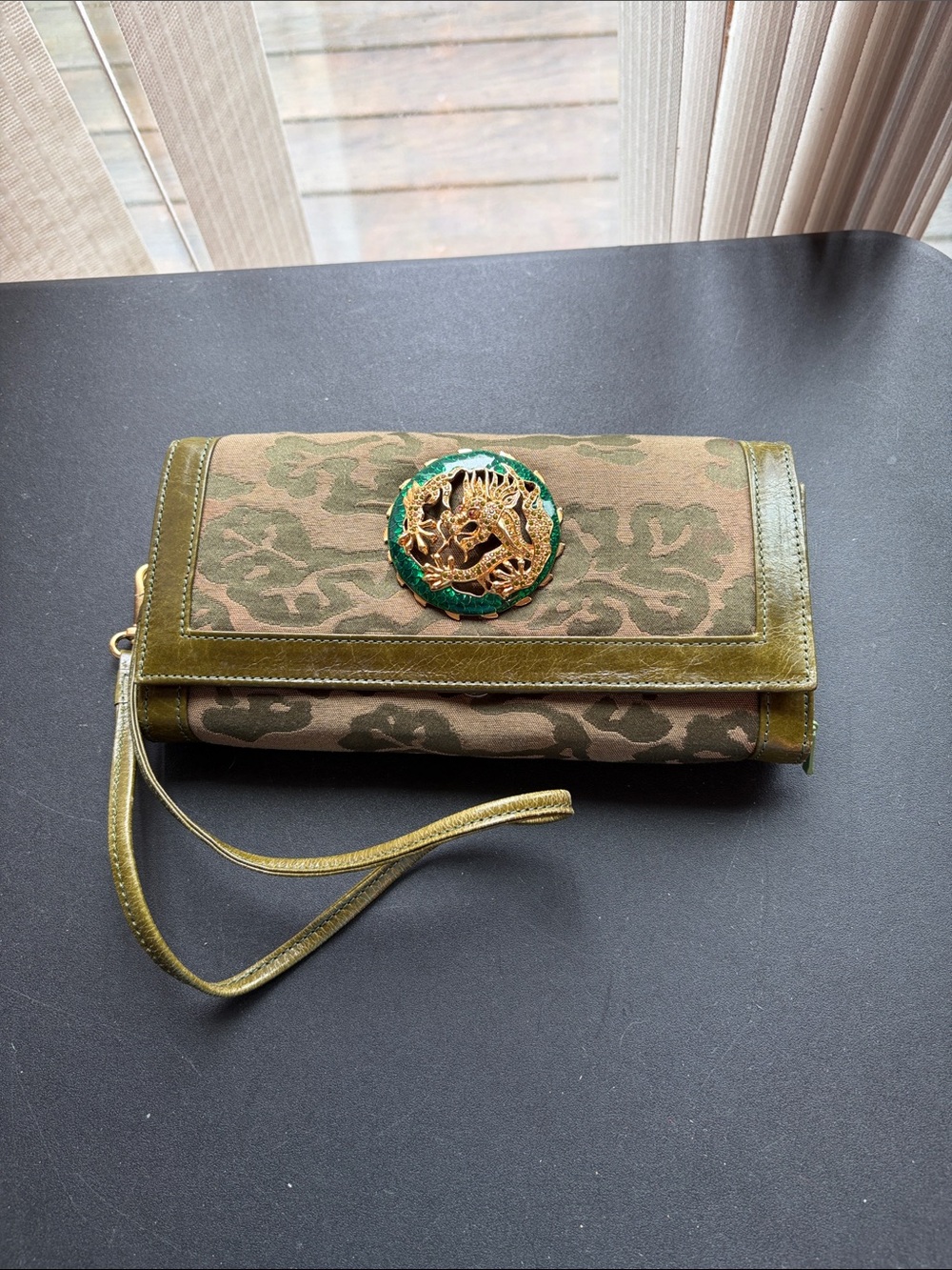 IPA-Nima Olive Green Wristlet Clutch with Gold Dragon Emblem